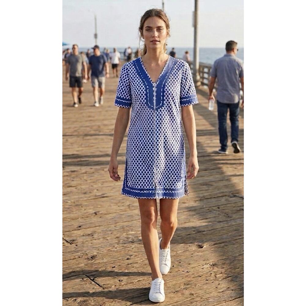 Hand Made Cotton Blue White Geometric Tunic Dress/Cover-Up S Lightweight Summer
